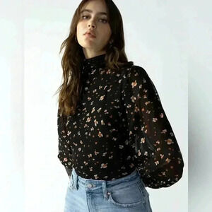 Sanctuary Blouse With Mesh Long Blouson Sleeves, Mock Neck, Black Print XS
